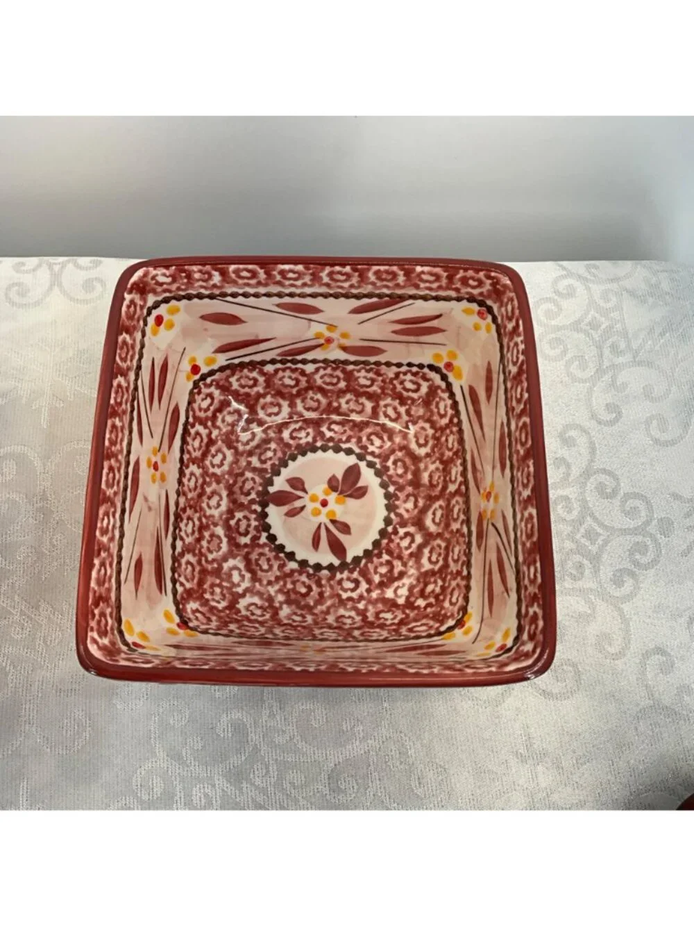 Temp-Tations Old World Square Ceramic Bowls CranberryFloral Set Of 2 Oven Safe